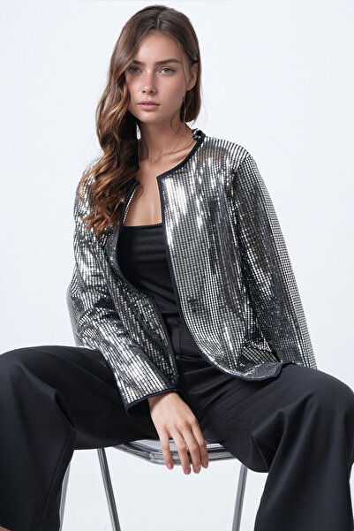 bacc سترة نسائية رمادية مزينة بالترتر مفتوحة من الأمام BCHESQ-251161