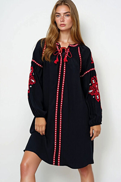 bacc Rochie de vară cu mâneci cu balon, brodate, neagră, pentru femei, lungim...