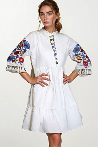 bacc Women's White Judge Collar Embroidered Tassel Detail Lined Poplin Dress ...