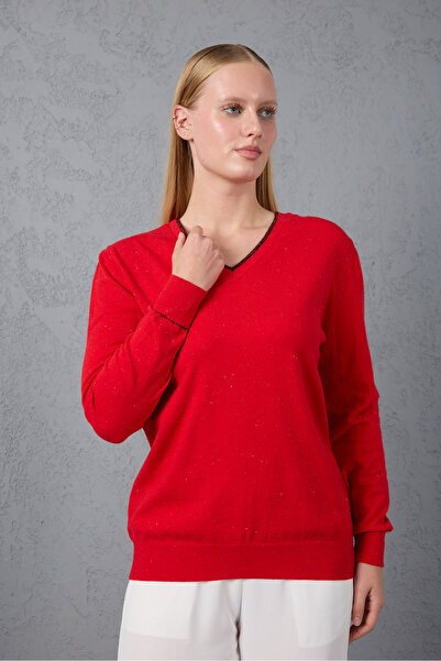 Clothes Fast Women's Red Glitter Piped V-Neck Glitter Knitwear Blouse