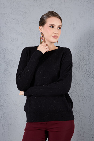 Clothes Fast Women's Black Wide Cuffed Crew Neck Glitter Knit Blouse