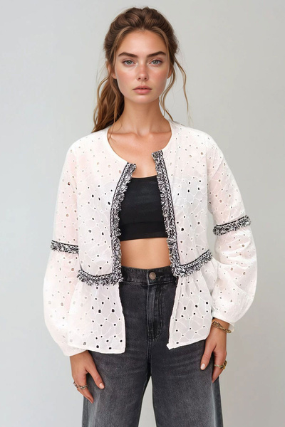 bacc Women's White Striped Detail Fisto Woven Jacket Bchesq-251053