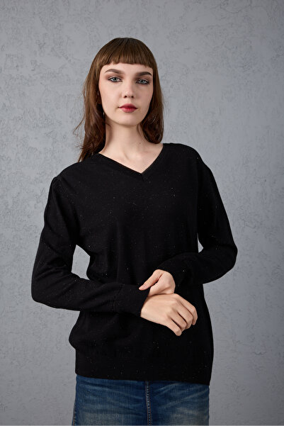 Clothes Fast Women's Black Glitter Piped V-Neck Glittery Knitwear Blouse