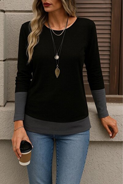 HAZEGO Bluză de damă cu mânecă lungă, cu gât rotund deschis, bloc de culoare,...