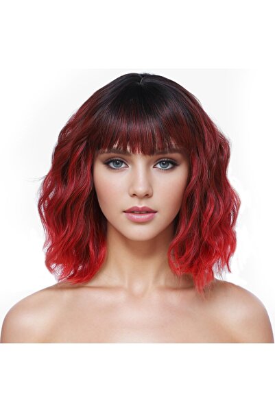 OEM Short bob wig with bangs, synthetic, wavy, for women – black with red