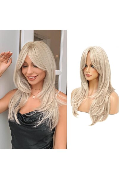 OEM Blonde wig with bangs, synthetic, long and slightly wavy, for women, honey blonde