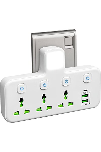HYX 3-Way Extension Socket with 2 USB-A & 1 USB-C Ports, UK Plug