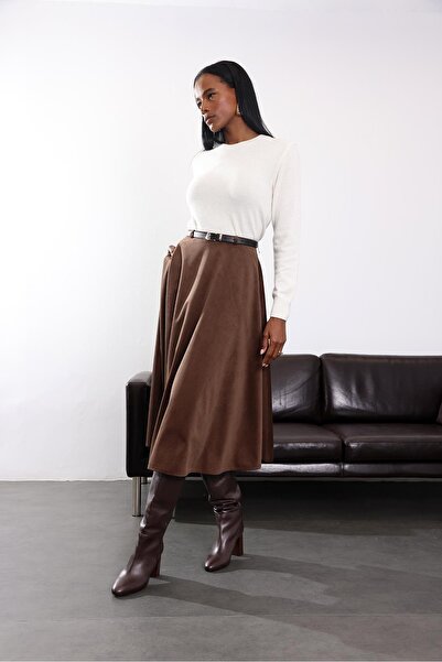 5in1Canpolat Brown Belted Velvet Flared Skirt 3050