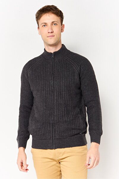 Threadbare Men Mock Neck Knitted Cardigan, Dark Grey