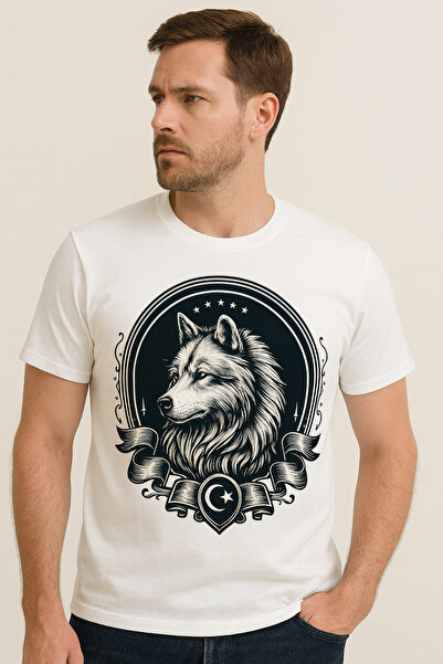 ocke Men's White Wolf Printed T-Shirt Cotton Daily Comfortable Fit