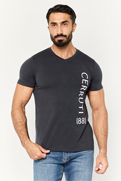 Cerruti 1881 Men V Neck Short Sleeves Embroidered Logo T-Shirt, Navy