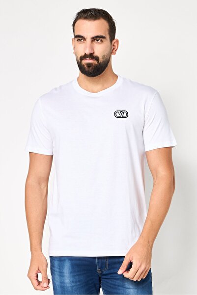Valentino Men Crew Neck Short Sleeve Embroidered Logo T-Shirt, White