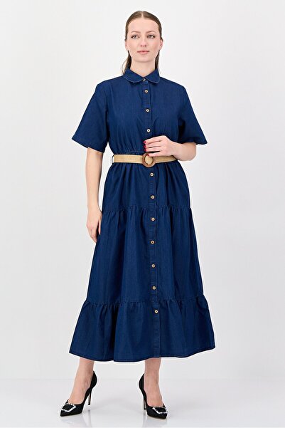 Bebe Women Plain Midi Belted Midi Dress, Blue