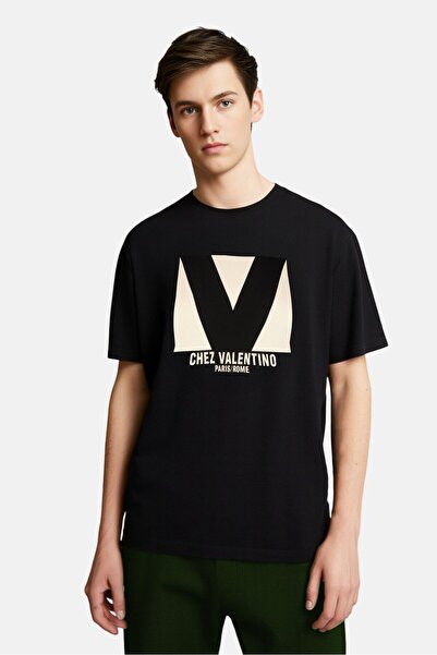 Valentino Men Crew Neck Short Sleeve Graphic Print T-Shirt, Black