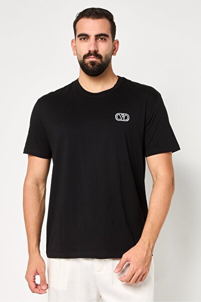 Valentino Men Crew Neck Short Sleeve Embroidered Logo T-Shirt, Black