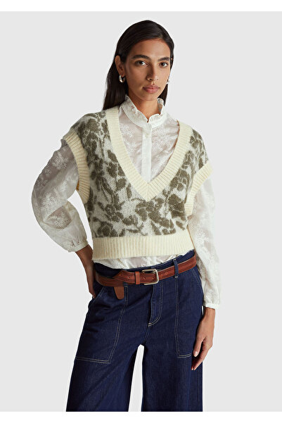 United Colors of Benetton Women's cream wool blend patterned ribbed detailed v-neck sleeveless sweater