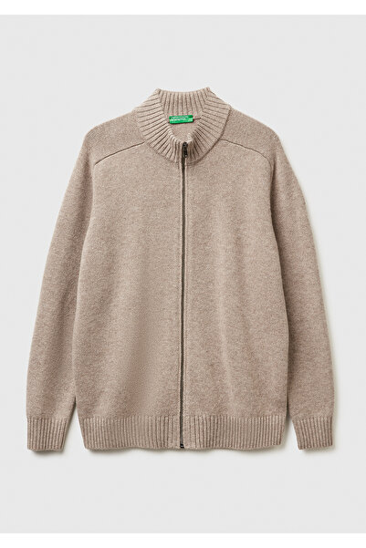 United Colors of Benetton Men's Beige Melange 100% Wool Ribbed Detailed Zippe...