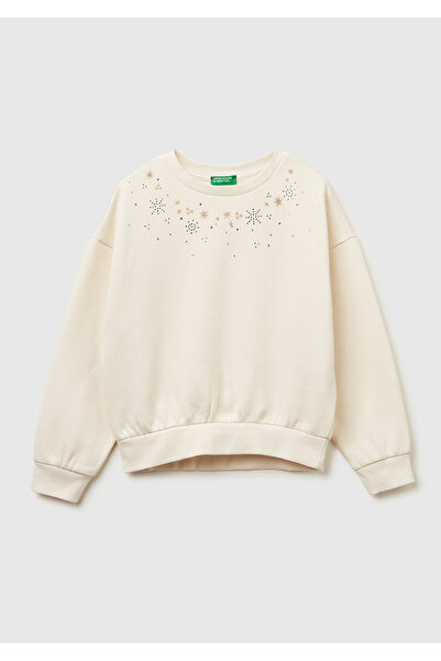 United Colors of Benetton فتاة طفلة إكرو أمامية كريستال مزينة شعار مطرز مضلع سويت شيرت مبطن بالصوف