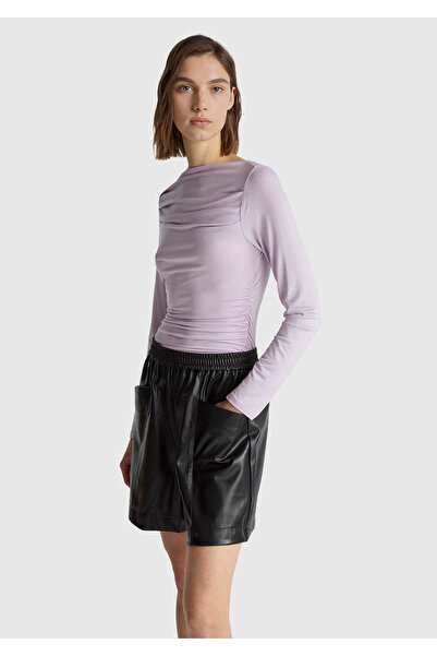 United Colors of Benetton Women's Lilac Modal Blend Slim Fit Boat Neck Long Sleeve T-Shirt