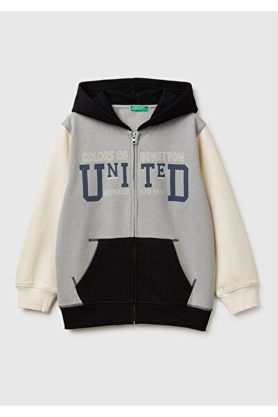 United Colors of Benetton Erkek Çocuk Gri-Krem Önü Logo Baskılı Cepli Fermuar...