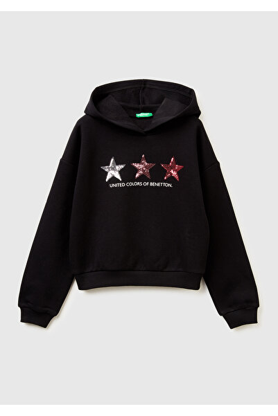 United Colors of Benetton Черна блуза с качулка и ребра за момичета