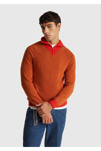 United Colors of Benetton Men's Orange Wool Viscose Blend Half Zip Mock Neck ...