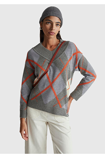 United Colors of Benetton Women's Anthracite Wool Blend Diamond Pattern Ribbed Detailed V-Neck Sweater