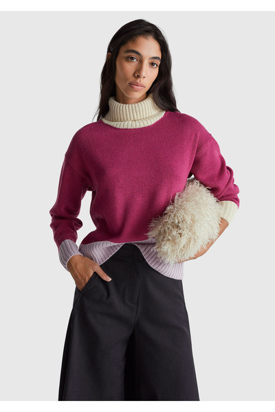 United Colors of Benetton Women's Dark Pink Wool Blend Multi-Colored Turtleneck Sweater