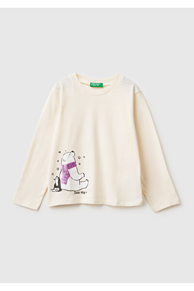 United Colors of Benetton Mânecă lungă pentru fete Ecru Glitter cu imprimeu g...