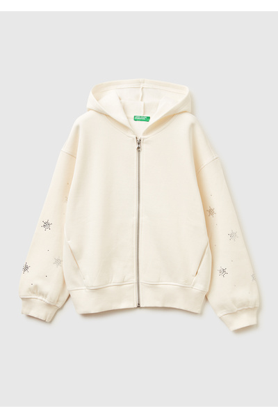United Colors of Benetton Детска суитшърт с качулка, цип и кристални апликаци...