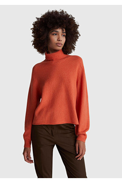 United Colors of Benetton Women's Orange Wool Blend Off-Shoulder Turtleneck Sweater