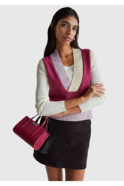 United Colors of Benetton Women's Dark Pink Wool Blend Rib Detailed V-Neck Sleeveless Sweater