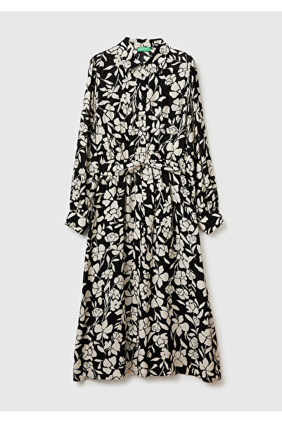 United Colors of Benetton Women's Black Mix Viscose and Cotton Blend Patterned Waist Tie Long Dress