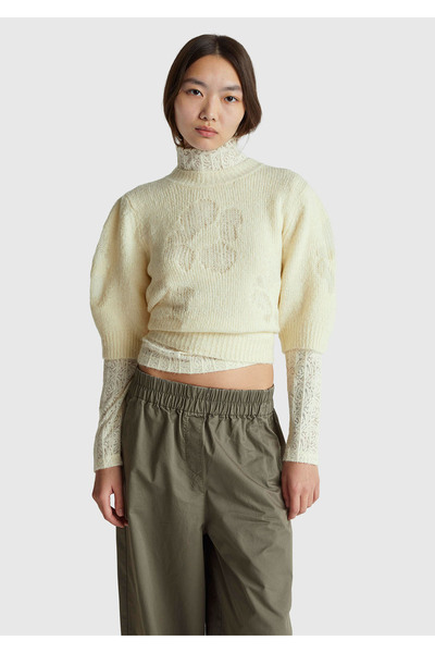 United Colors of Benetton Women's cream wool blend patterned half sleeve sweater