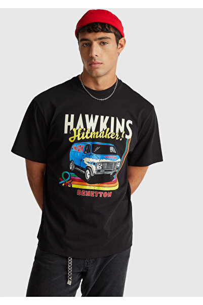 United Colors of Benetton Tricou pentru bărbați Black Mix bumbac 100% Regular Fit Stranger Things cu imprimeu