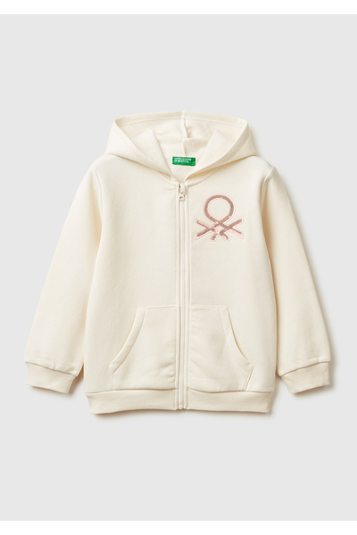 United Colors of Benetton Детска суитшърт с качулка, цип, бродерия и пайети в...