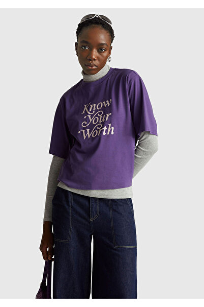 United Colors of Benetton Women's Purple 100% Cotton Front Text Printed Crew Neck T-Shirt