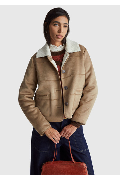 United Colors of Benetton Woman's taba fur detailed buttoned front jacket with pockets