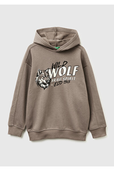 United Colors of Benetton Boy's Khaki Brown Front Printed Low Shoulder Hooded Sweatshirt