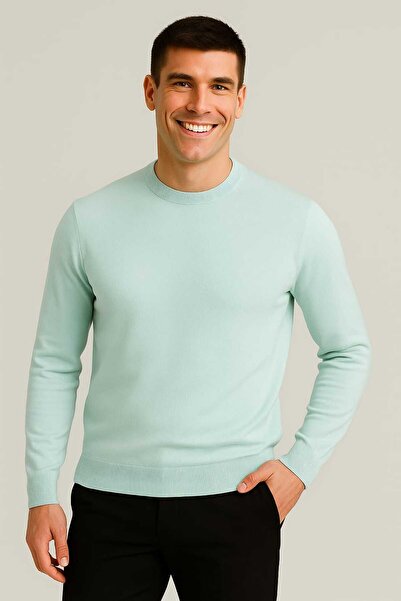 ANATOLIATEKSTILE Men's Sweater with Round Collar, Fine Knit, Slim Fit Cut