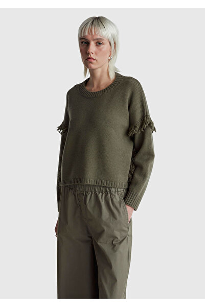 United Colors of Benetton Women's Khaki Wool Blend Rib Detailed Crew Neck Sweater