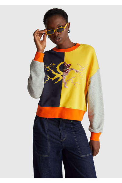 United Colors of Benetton Women's Yellow Mix 100% Cotton Color Block Stranger Things Printed Sweatshirt
