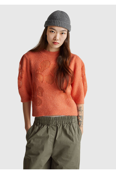United Colors of Benetton Women's orange wool blend patterned half sleeve sweater