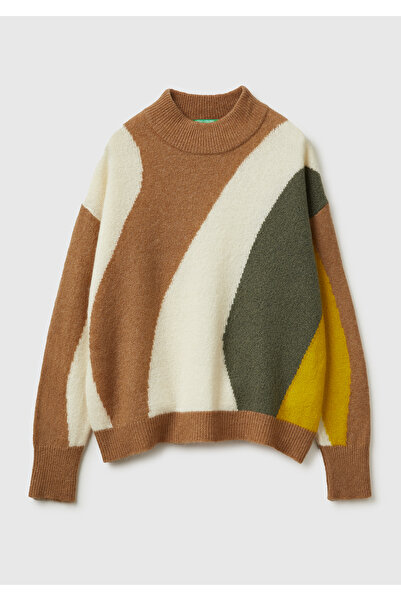 United Colors of Benetton Women's beige mix wool blend patterned crew neck sweater