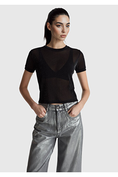 United Colors of Benetton Women's black glitter crew neck s Slim Fit t-shirt