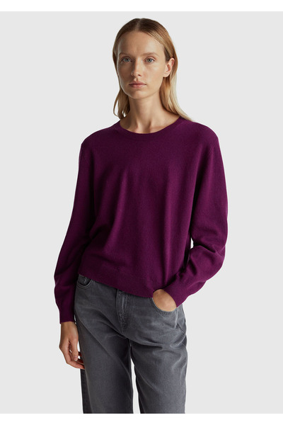 United Colors of Benetton Women's Plum 100% Merino Rib Detailed Crew Neck Sweater