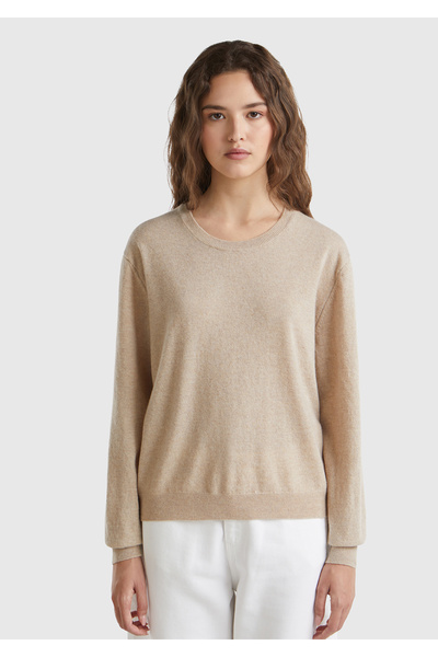 United Colors of Benetton Women's Ecru 100% Merino Rib Detailed Crew Neck Sweater