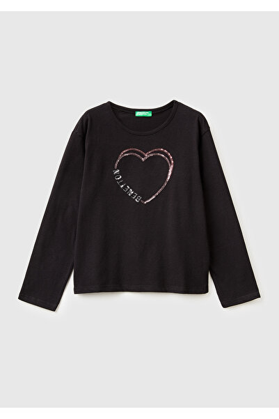 United Colors of Benetton Μακρυμάνικο μπλουζάκι για κορίτσια με μαύρη γραφική...