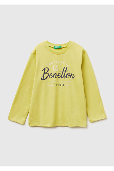 United Colors of Benetton Boy's Mustard Front Logo Printed Long Sleeve T-Shirt