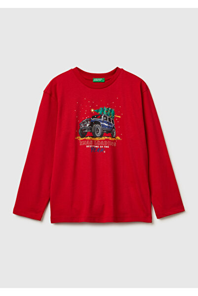 United Colors of Benetton Момчешка червена тениска с дълъг ръкав и принт на в...